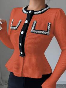 Elenzga Women's Contrast Color Faux Pearl Waist Ruffle Hem Knit Cardigan - Orange - View 6