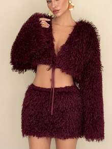 Rafferiza Women's Solid Color Plush Jacket & Mini Skirt 2 Pieces Set, Fashion Party Outfit - Red Violet - View 6