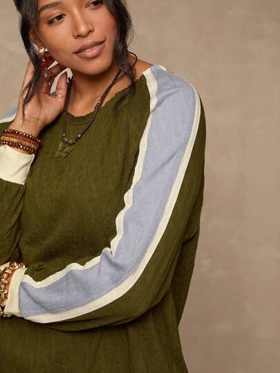 Freevana Plus Size Women Cable Knit Texture Casual Raglan Sleeve Colorblock Pullover T-Shirt, Autumn/Winter