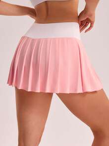 Gameset SHEIN Sport 女式撞色百褶休闲健身运动迷你裙 - 粉色 - 查看 2