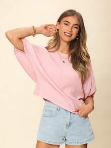 SHEIN LUNE Women's Casual Solid Color Dolman Sleeve Blouse, Everyday Basic Cropped 3/4 Sleeve Shirt For Spring/Summer