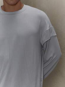 Musero Loose Fit Crew Neck Long Sleeve Faux Double Layer Sleeve Top Only Fall/SPRING SUMMER - Grey - View 6