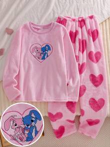 2件套女童柔软毛绒粉色心形印花长袖上衣和裤子睡衣套装 - 彩色 - 查看 3
