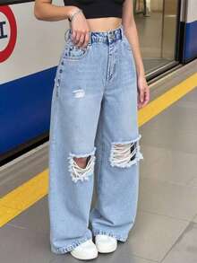 SHEIN Quần jeans denim rách ống đứng đơn giản, rộng rãi, giặt sạch dành cho bé gái tuổi teen + Quần denim cạp chun cơ bản + Quần denim rách màu xanh nhạt, phù hợp với mọi mùa, chất liệu vải thoải mái - Rửa nhẹ - Xem 4