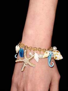 Y2Kool 1pc Bohemian Style Alloy & Pearl Decor Starfish Bracelet For Women, Summer Beach - Royal Blue - View 4