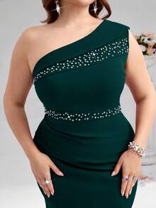 Coutiva Plus Size Dark Green Elegant Formal Cocktail Evening Party Dress,Winter Sequin And Pearl Embellished Off Shoulder Luxury Formal Party Gown For Women - Dark Green - View 4