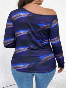 EMERY ROSE Plus Size Casual Tie-Dye Print Asymmetrical Neck Long Sleeve T-Shirt, Suitable For Spring And Autumn Graphic Tees, Women Tops For Spring - Navy Blue - View 2