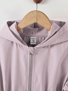 SHEIN Elladie kids 1 件年轻女孩纯色休闲连帽夹克，腰部设计，适合秋冬季穿着，适用于学校、户外活动、家庭聚会，提供温暖和舒适。 - 淡紫色 - 查看 6