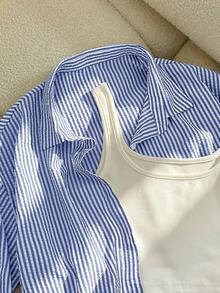 Resyla 女士时尚休闲标准尺码衬衫和吊带背心套装 - 藍色 - 查看 4