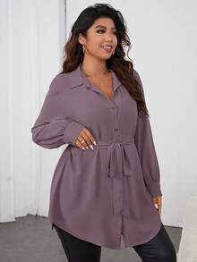 Firerie 大码女式纯色简约休闲长袖衬衫 - 紫色 - 查看 5