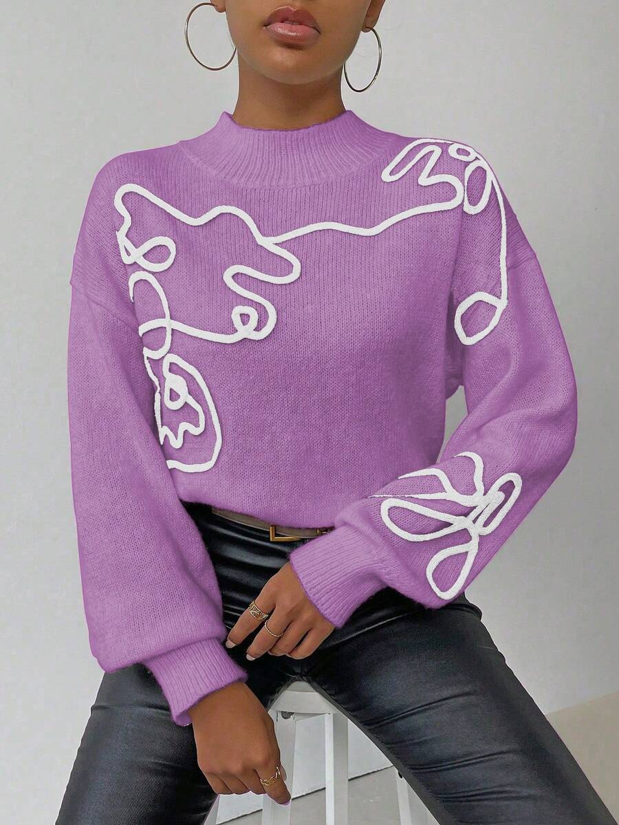 SHEIN LUNE 女士休闲3D图案针织毛衣,秋冬 - 淺灰紫 - 查看 1