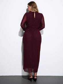 Maija 大码女装连衣裙，现代都市风格，四向弹力面料，深棕色，圆领，长袖，金属装饰，女式中长连衣裙，日常穿着，商务休闲，2025 年新款，女装 - 中紫紅色 - 查看 2