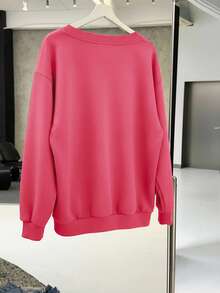 SHEIN EZwear 女士休闲花卉印花超大V领宽松运动衫，浅粉色和深灰色，适合秋冬季 - 粉色 - 查看 2