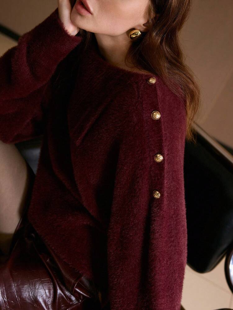 OVERSIZED BUTTON DECOR FLUFFY KNIT SWEATER TOP, AUTUMN/WINTER