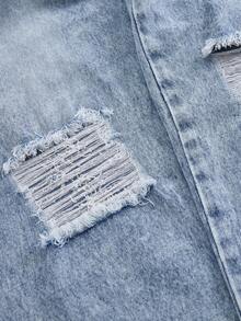 SHEIN Quần jeans denim rách ống đứng đơn giản, rộng rãi, giặt sạch dành cho bé gái tuổi teen + Quần denim cạp chun cơ bản + Quần denim rách màu xanh nhạt, phù hợp với mọi mùa, chất liệu vải thoải mái - Rửa nhẹ - Xem 6