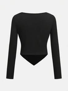 SHEIN Girlism 青少年女孩休闲街头风格修身不对称下摆长袖上衣和宽松阔腿牛仔印花涂鸦裤两件套，返校季，甜美酷炫女孩，时尚个性 - 黑色 - 查看 6