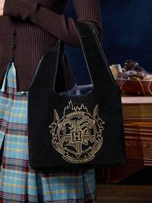 HARRY POTTER X SHEIN 1pc Velvet Swan Embroidery Tote Bag - Black - View 1