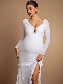 MaterniChic Maternity White Autumn Elegant Pregnant Dress, Solid Color Frill Trim Raglan Sleeve Side Slit Fitted Luxury Baby Shower Pregnancy Photoshoot Dress - White - View 5