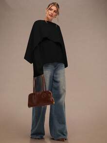 SHEIN BAE 女士秋冬时尚设计简约纯色斗篷二合一套头衫 - 黑色 - 查看 4
