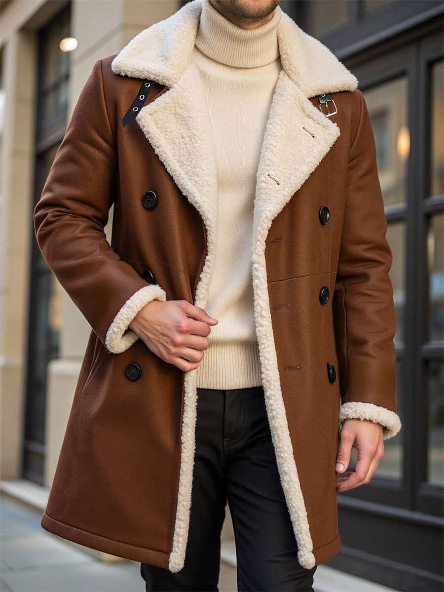 Manfinity Homme Áo khoác giữ nhiệt tay dài lót lông màu trơn cho nam, Thu Đông, Đi chơi thường ngày, Quà tặng cho bạn bè, chồng, bạn trai, Vải nhung kẻ - màu nâu - Xem 1
