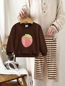 SHEIN Baby Girl Toddler/Newborn 0-3 Years Spring/Summer Casual Cute Fruit & Strawberry Print Crew Neck Long Sleeve Sweatshirt + Ribbed Skinny Leggings Set - Brown - View 3
