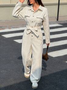 Rivivi Women's Casual Everyday Commute Fashion Street Flap Pocket Belted Loose Denim Jumpsuit - Apricot - View 5