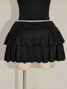 SHEIN ICON Conjunto de 2 piezas de top corto calado y minifalda de unicolor talla grande - Negro - Ver 13