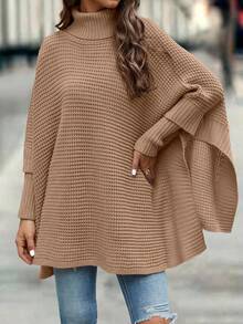 EMERY ROSE Women's Solid Color Turtleneck Loose Batwing Sleeve Fashionable Knit Pullover Sweater - Camel - View 3
