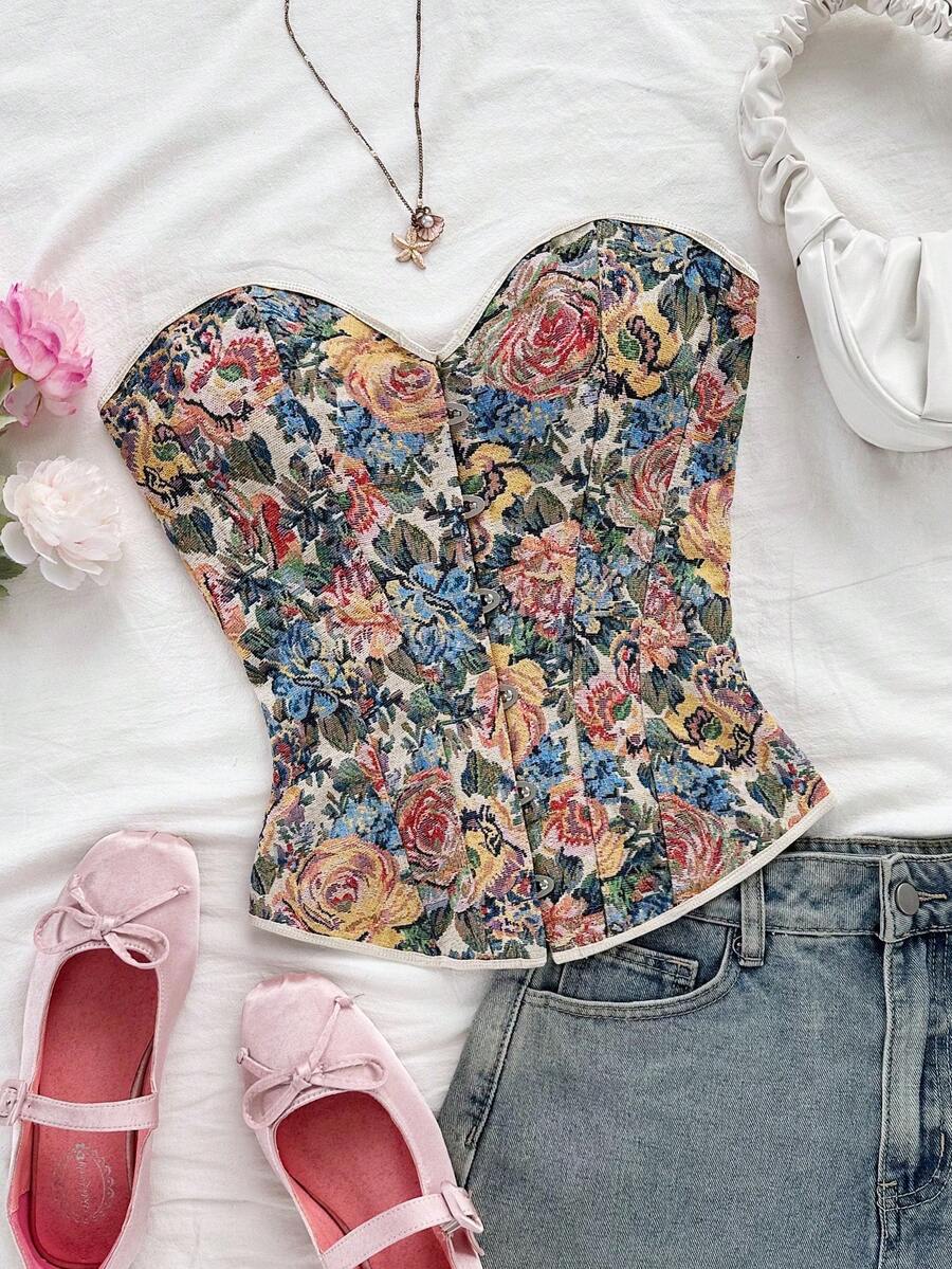 Soleia Áo crop top in hoa jacquard nhiều màu phong cách cung điện cổ điển dành cho nữ, có nút và dây buộc phía sau - Nhiều màu - Xem 1