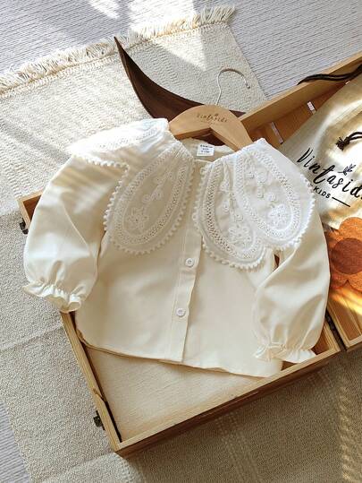 SHEIN Vintaside Kids 女婴白色蕾丝领长袖衬衫，时尚百搭娃娃衫，舒适时尚，适合日常穿着，春秋季