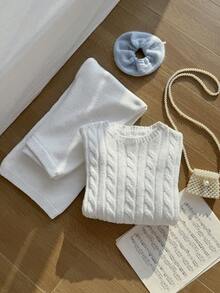 SHEIN Set de 2 piezas de ropa casual para niñas: Top holgado de punto texturizado de cuello redondo combinado con pantalones rectos a juego de suéter, estilo minimalista de moda, tela suave y cómoda, adecuado para uso diario, reuniones y salidas en otoño/invierno