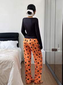 SHEIN 蝴蝶结爱心罗纹圆领长袖上衣和裤子休闲女式睡衣套装，冬季服装 - 黃色 - 查看 3