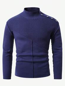 Marvello Homme 男士休闲纯色长袖毛衣，秋冬 - 寶藍色 - 查看 3