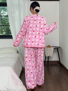 SHEIN Plus Size Plaid Heart Decor Long Sleeve Top & Pants Pajama Set, Winter Clothes - Multicolor - View 3