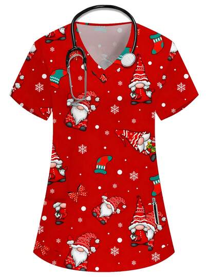 PopScrub 圣诞红色V领短袖双口袋可爱圣诞老人、雪花、蝴蝶结、圣诞袜、护士/医生工作制服上衣/健康检查手术制服/女士纯色宠物美容工作制服上衣/营养师工作制服短袖/多口袋功能实验室工作制服