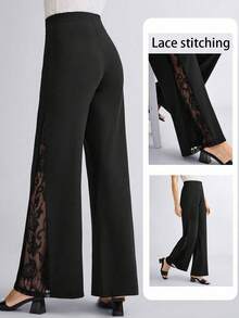Miaspire Plus Size Lace Patchwork Solid Color Elegant Office Wide Leg Pants, Black Wide Leg Pants, Party For Women, , New,Spring - Black - View 9
