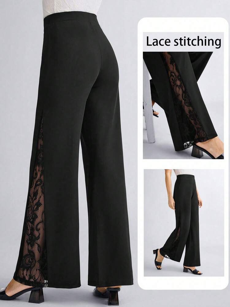 Plus Size Lace Patchwork Solid Color Elegant Office Wide Leg Pants, Black Wide Leg Pants, Party For Women, , New,Spring