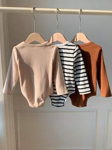 SHEIN 3件套新生儿男女宝宝可爱卡通印花长袖连体衣，男女通用婴儿服装，婴儿冬季服装 - 彩色 - 查看 2