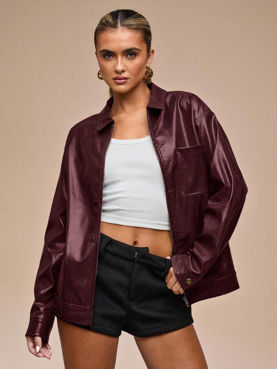 SHEIN BAE Women's Fashion Solid Color Drop Shoulder Long Sleeve Zip-Up Jacket - Burgundy - View 1