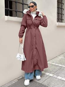 EURMUSE WOMAN BLACK OVERCOAT WITH FUR AND TEDDY LINING - Dusty Pink - View 5