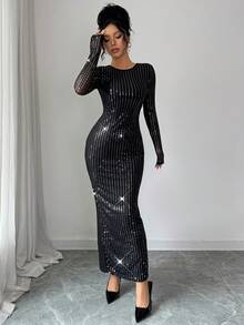 Rafferiza Damen Herbst glänzendes Pailletten Strick Mesh Stoff Rundhals Langarm Rückenfreies Schnürkleid, elegante Damenkleidung für Feste und Herbst/Winter - Schwarz - Übersicht 4