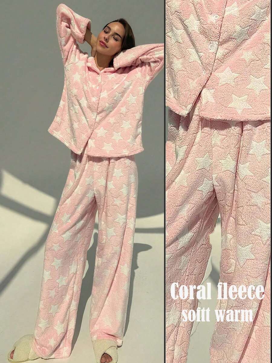 Aloruh 粉色星星印花保暖衬里衬衫和裤子套装，适合秋冬居家和户外穿着
