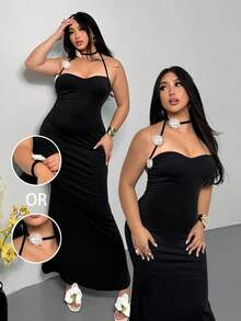 Firerie Elegantes, romantisches Date Night, sexy Party, moderner Retro-Farbblock 3D Blumen-Spaghettiträger-Bodycon-Meerjungfrau-Maxikleid mit Rückenschlitz, geeignet für Valentinstag, Geburtstag, Hochzeit, Sommer, Musikshow, formelle Anlässe, Arbeit, Schulanfang, Urlaub, Strand, Bürodame, Meerjungfrau-Stil, Geburtstagsparty, Große Größen - Schwarz - Übersicht 7