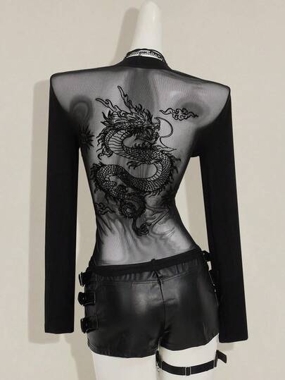 SHEIN ICON Y2K Damen Vintage Schwarz Goth einfarbiges V-Ausschnitt Langarm Einreiher Lässig T-Shirt, Herbst