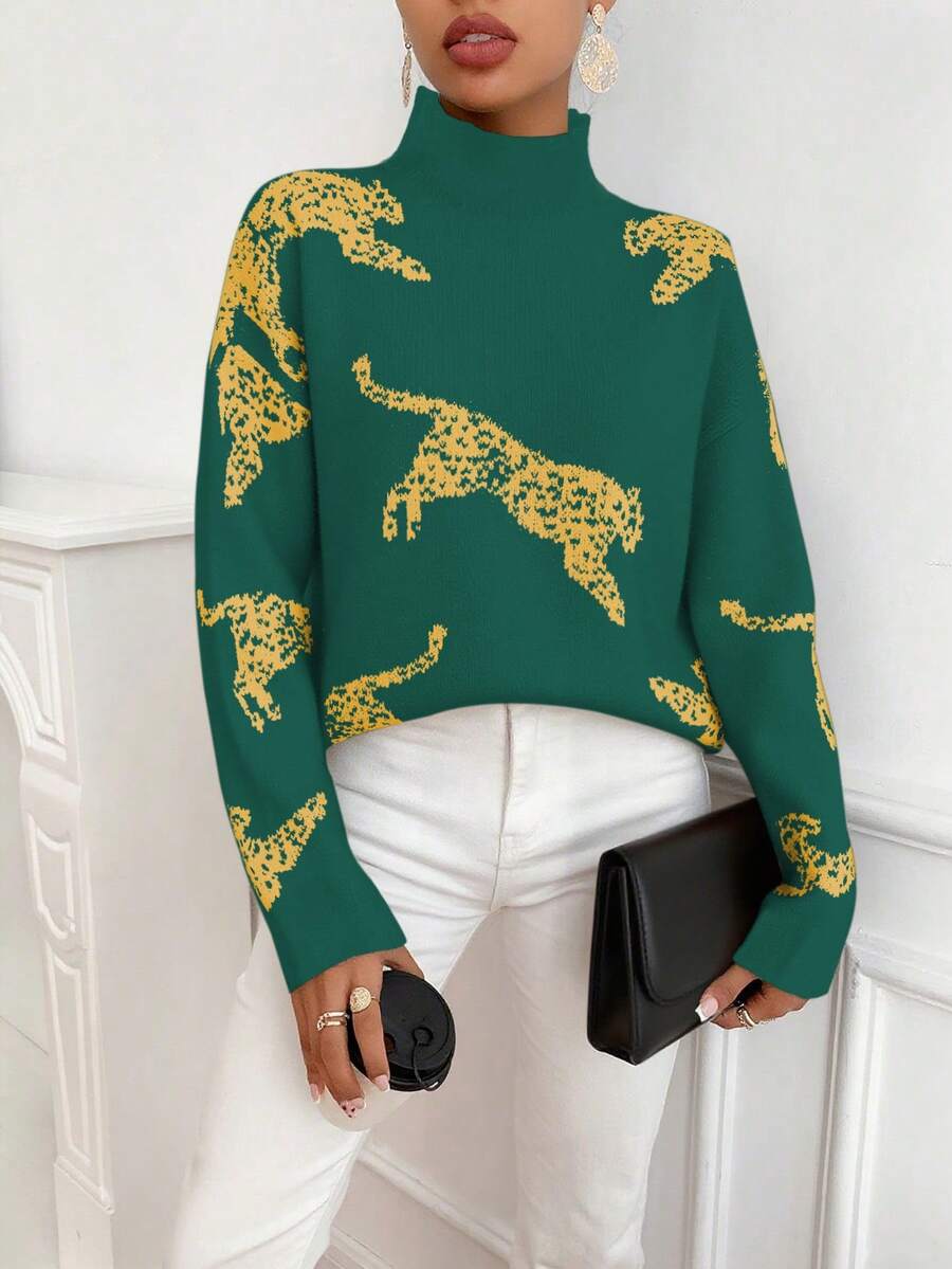 SHEIN Clasi Women's Casual Leopard Print Turtleneck Sweater, Autumn/Winter - Dark Green - View 1