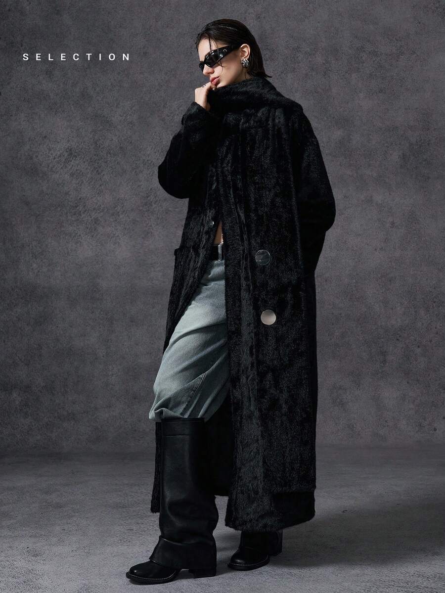 LYSMO 女士秋冬优雅纽扣式人造毛领开衫 - 黑色 - 查看 1