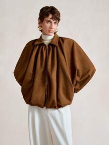 SHEIN Stylify Women's Suede Thermal Lined Jacket,All Shades Of Brown,Autumn,Elegant,Everyday Shirt Collar Zip Up Lantern Sleeve Ruched Hem Retro French Streetwear - Coffee Brown - View 6