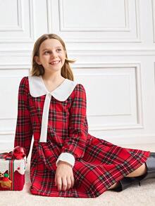 Vestito elegante a quadri natalizio per ragazza pre-adolescente, autunno/inverno - Rosso - Visualizzare 6