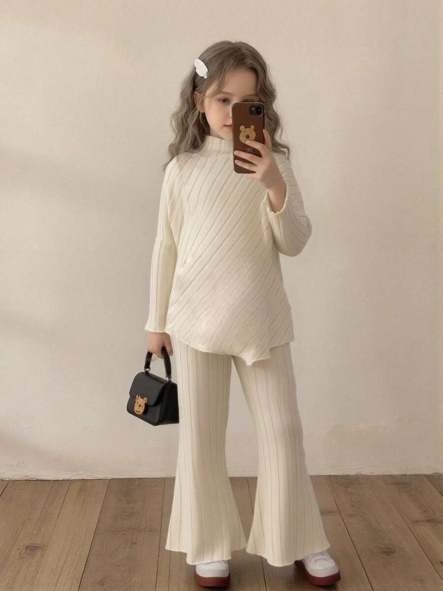 2pcs/Set Young Girl' Autumn Winter High Collar Drop Shoulder Ribbed Fuzzy Pullover Top And Pants,Casual School Outfits For Vacations And Gatherings - Apricot - View 1