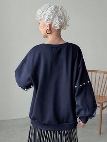 FRIFUL Women's Round Neck Pearl Button Decor Lantern Sleeve Loose Mesh Splice Sleeve Thickened Solid Color Sweatshirt, Halloween Costume